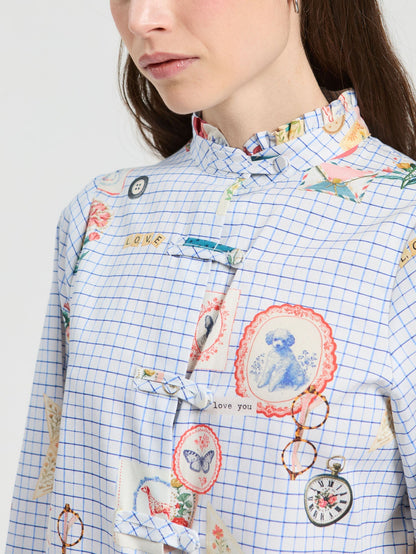 Vilagallo gingham illustrated shirt style 33915 shown on model, light blue check with long sleeves