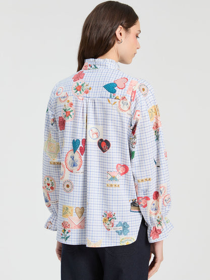 Vilagallo light blue gingham shirt style 33915 side view showing collar and button front