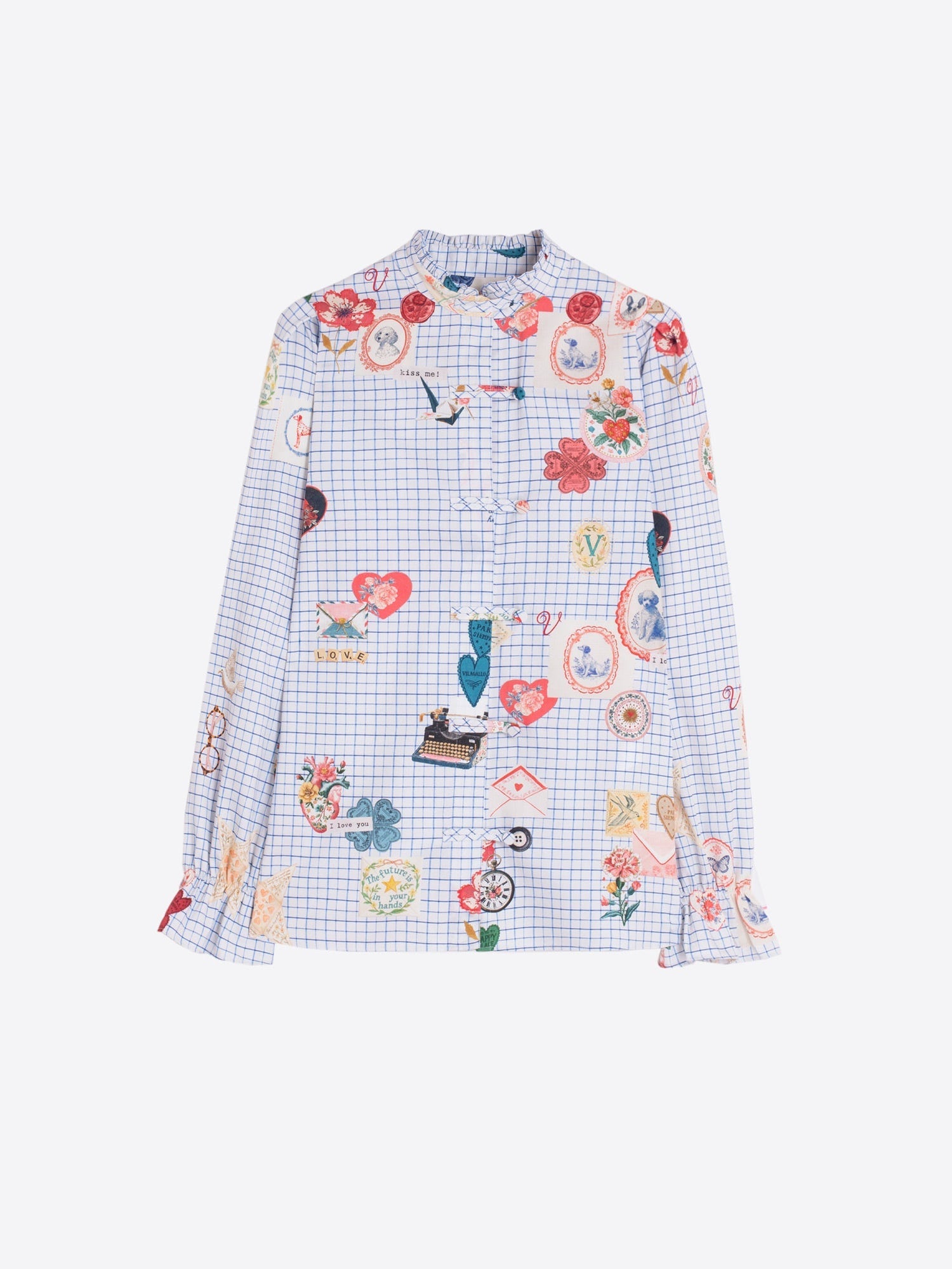 Vilagallo gingham shirt style 33915 styled look with multicolor illustration print detail