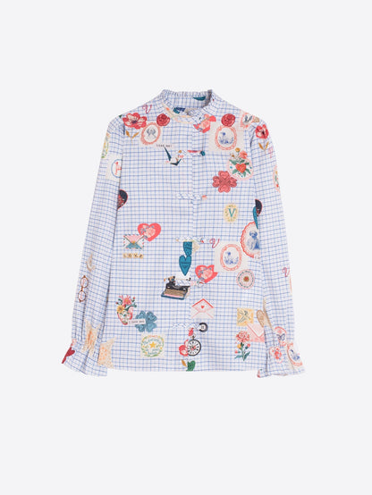 Vilagallo gingham shirt style 33915 styled look with multicolor illustration print detail