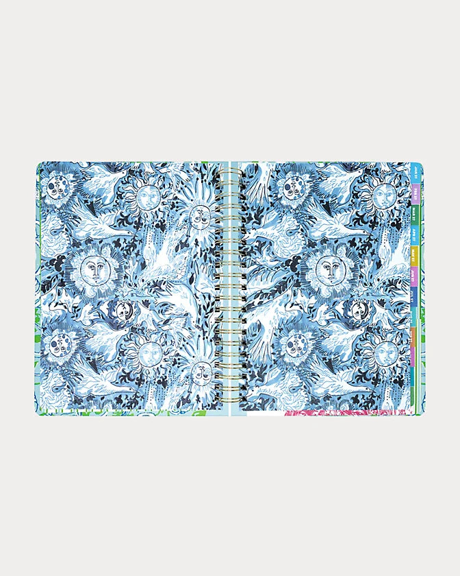Lilly Pulitzer 2026-2027 17 Month Jumbo Agenda Spiral-bound planner with a decorative cover featuring sea shells and fish in the Color Day Dream Blue Throw Me A Line