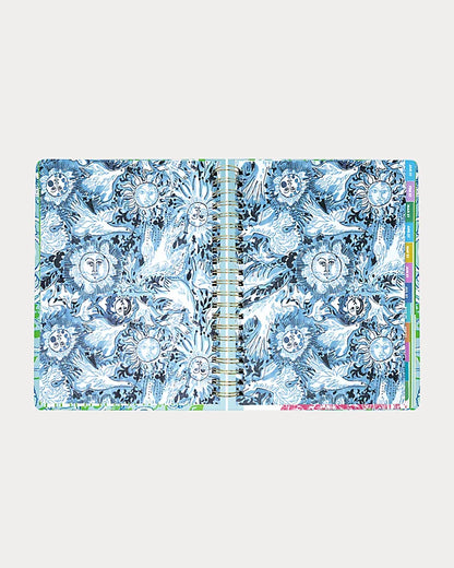 Lilly Pulitzer 2026-2027 17 Month Jumbo Agenda Spiral-bound planner with a decorative cover featuring sea shells and fish in the Color Day Dream Blue Throw Me A Line