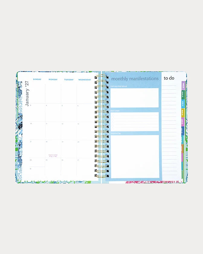 Lilly Pulitzer 2026-2027 17 Month Jumbo Agenda Spiral-bound planner with a decorative cover featuring sea shells and fish in the Color Day Dream Blue Throw Me A Line