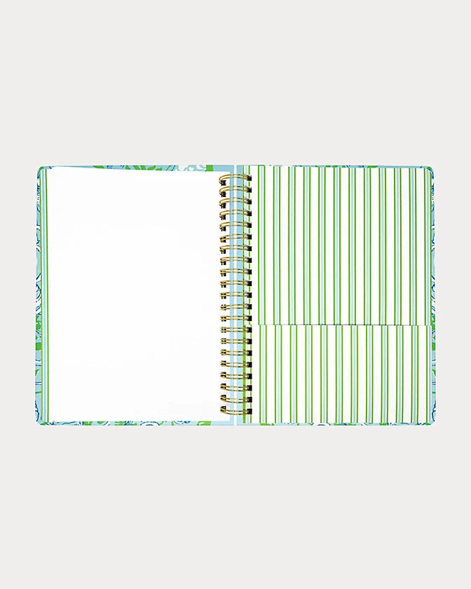 Lilly Pulitzer 2026-2027 17 Month Jumbo Agenda Spiral-bound planner with a decorative cover featuring sea shells and fish in the Color Day Dream Blue Throw Me A Line
