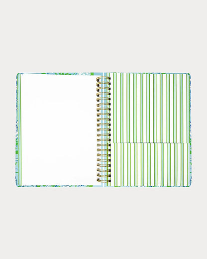 Lilly Pulitzer 2026-2027 17 Month Jumbo Agenda Spiral-bound planner with a decorative cover featuring sea shells and fish in the Color Day Dream Blue Throw Me A Line