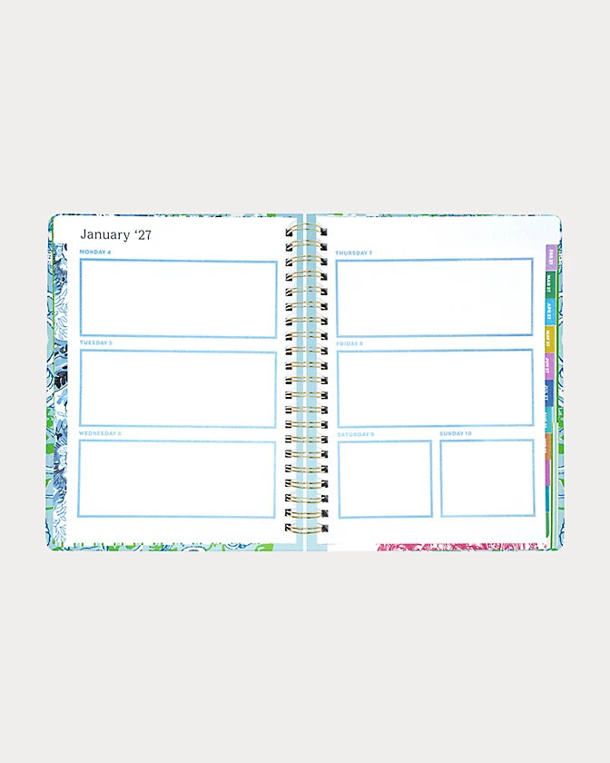 Lilly Pulitzer 2026-2027 17 Month Jumbo Agenda Spiral-bound planner with a decorative cover featuring sea shells and fish in the Color Day Dream Blue Throw Me A Line