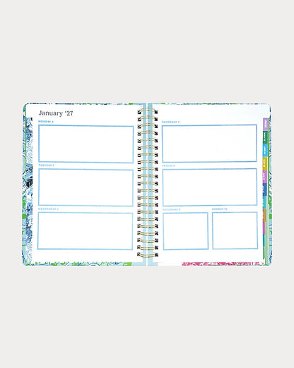 Lilly Pulitzer 2026-2027 17 Month Jumbo Agenda Spiral-bound planner with a decorative cover featuring sea shells and fish in the Color Day Dream Blue Throw Me A Line