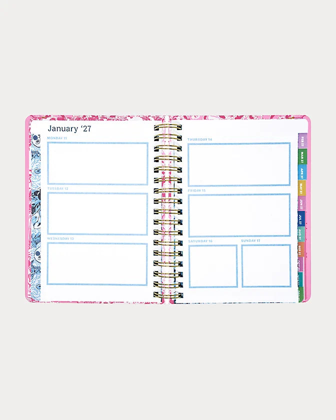 Pink floral Lilly Pulitzer 2026-2027 17 Month Large Agenda  Color in Conch Shell Pink Burst Of Joy