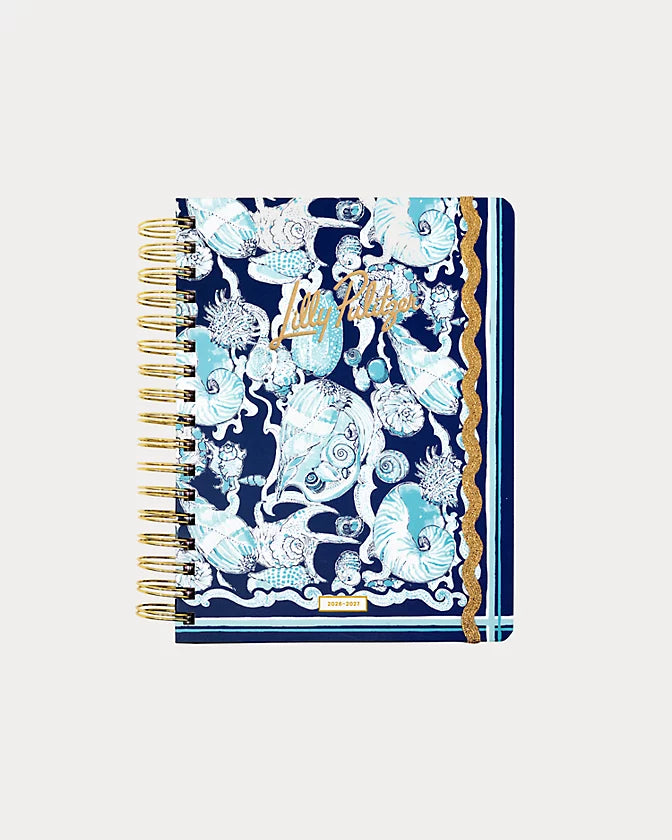 Lilly Pulitzer 2026-2027 17 Month Large Agenda Resort White Shell Shine print with floral shell design and gold accents