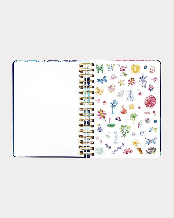 Lilly Pulitzer 2026-2027 17 Month Large Agenda Resort White Shell Shine print with floral shell design and gold accents