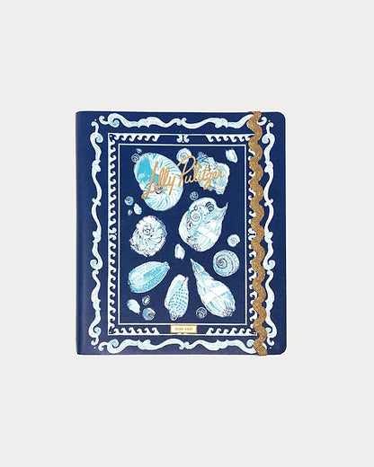Navy blue Lilly Pulitzer 2026-2027 17 Month Leatherette Agenda with white shell patterns in Resort White Shell Shine