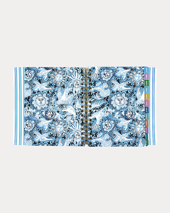 Navy blue Lilly Pulitzer 2026-2027 17 Month Leatherette Agenda with white shell patterns in Resort White Shell Shine