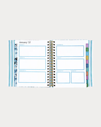 Navy blue Lilly Pulitzer 2026-2027 17 Month Leatherette Agenda with white shell patterns in Resort White Shell Shine