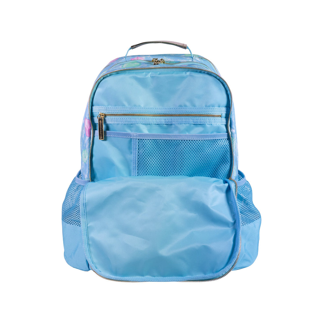 Lilly Pulitzer Book Bag in Capri Blue Shelden Blue backpack with pink and green shell pattern