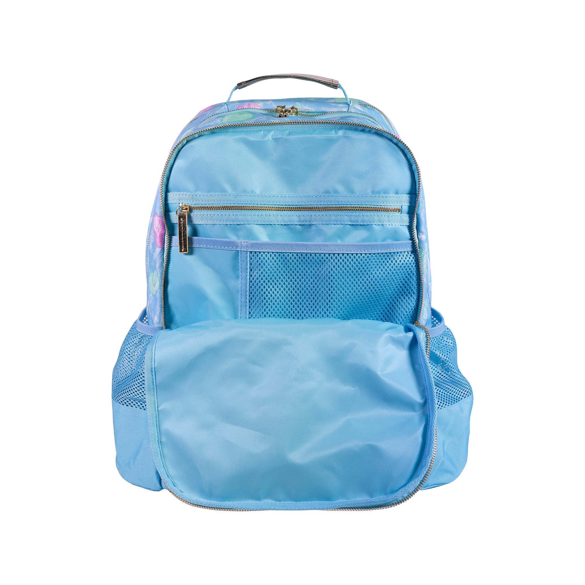 Lilly Pulitzer Book Bag in Capri Blue Shelden Blue backpack with pink and green shell pattern