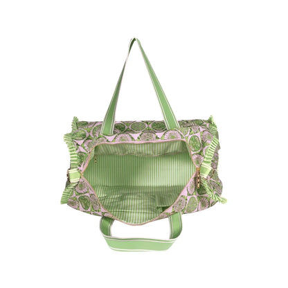 A Lilly Pulitzer Duffle Tote, Tropical Tiles tote bag with a green and pink citrus slice pattern, featuring pale green handles and a small gold-tone Lilly Pulitzer logo plaque. 
