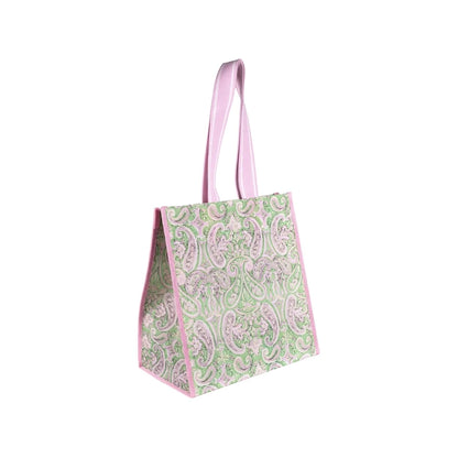 Lilly Pulitzer Mesh Market Bag, Estoril a rectangular tote bag with a light green and pink paisley pattern, featuring light pink handles and pink side trim