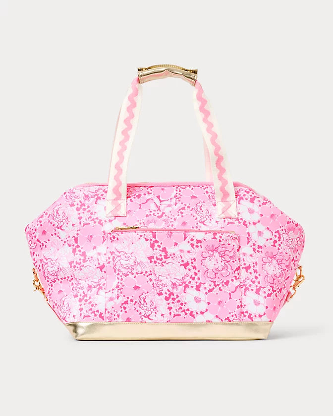 Lilly Pulitzer Neoprene Cooler Color: Conch Shell Pink Burst Of Joy Pink floral patterned handbag with gold accents