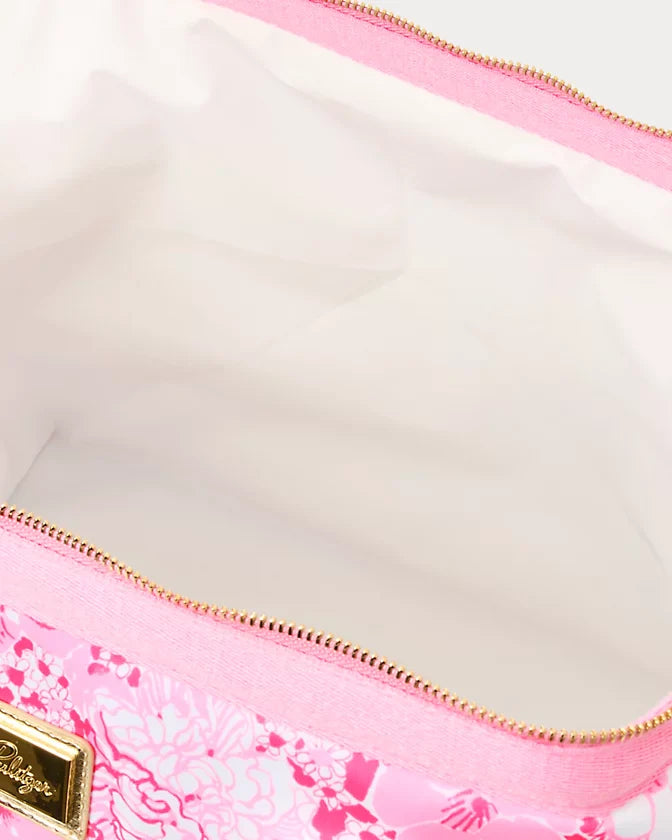 Lilly Pulitzer Neoprene Cooler Color: Conch Shell Pink Burst Of Joy Pink floral patterned handbag with gold accents