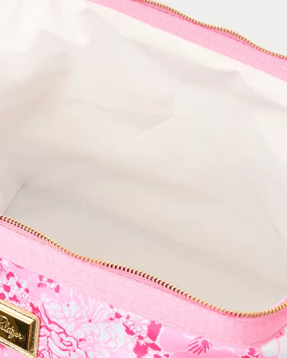 Lilly Pulitzer Neoprene Cooler Color: Conch Shell Pink Burst Of Joy Pink floral patterned handbag with gold accents