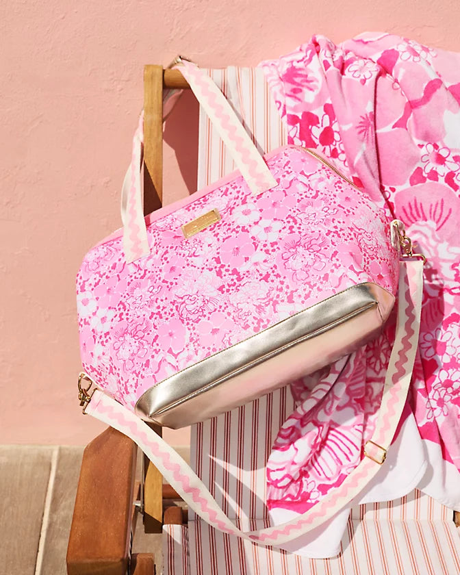 Lilly Pulitzer Neoprene Cooler Color: Conch Shell Pink Burst Of Joy Pink floral patterned handbag with gold accents