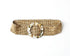 A wide beaded belt with a textured pattern of small gold and white beads, featuring a large central circular buckle made of polished mother-of-pearl tiles by Mare Sole Amore Beige Oz Slip On Stretch Belt 