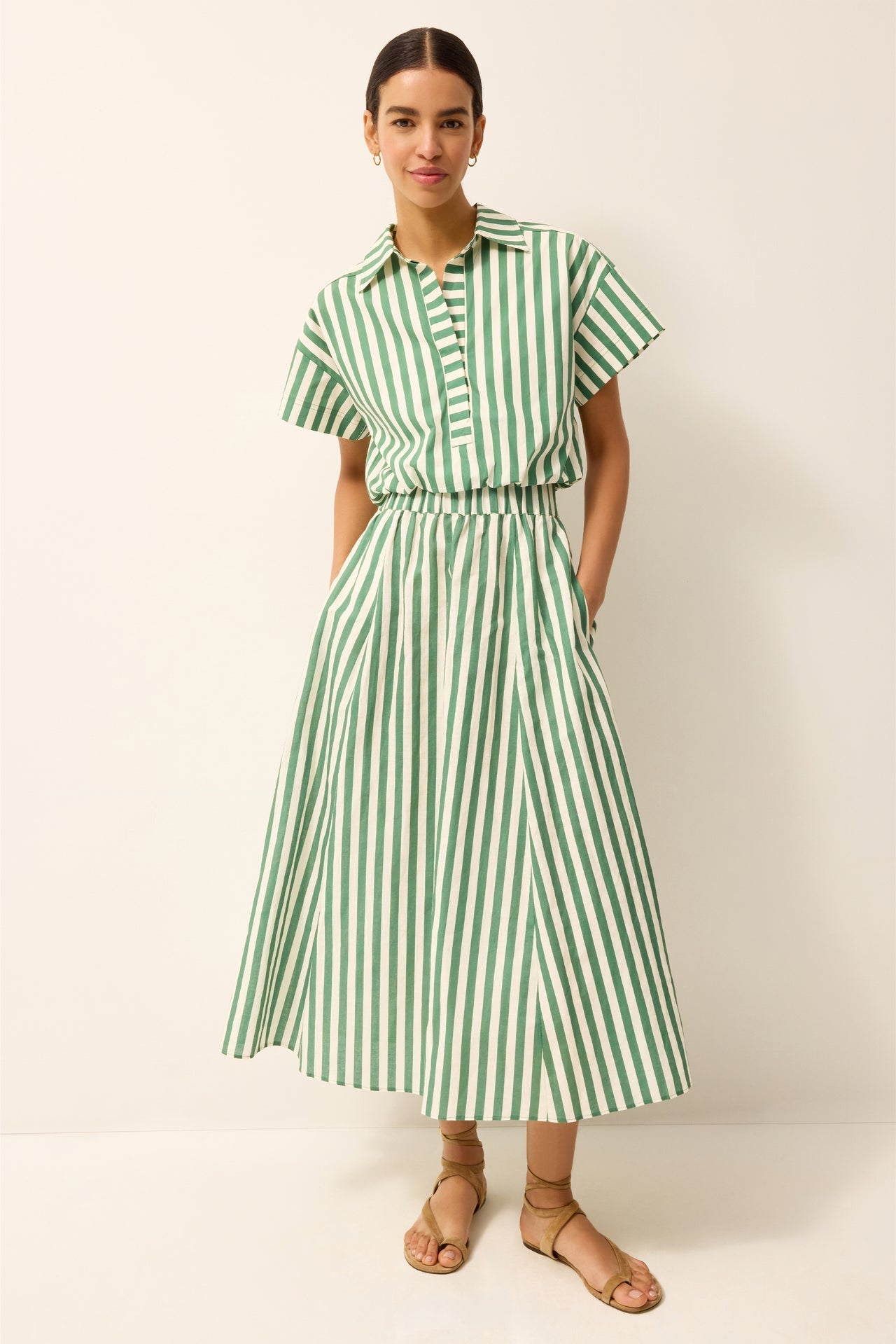 Women’s Marie Oliver SASHA SKIRT Green and White Striped Pull-On Midi Skirt