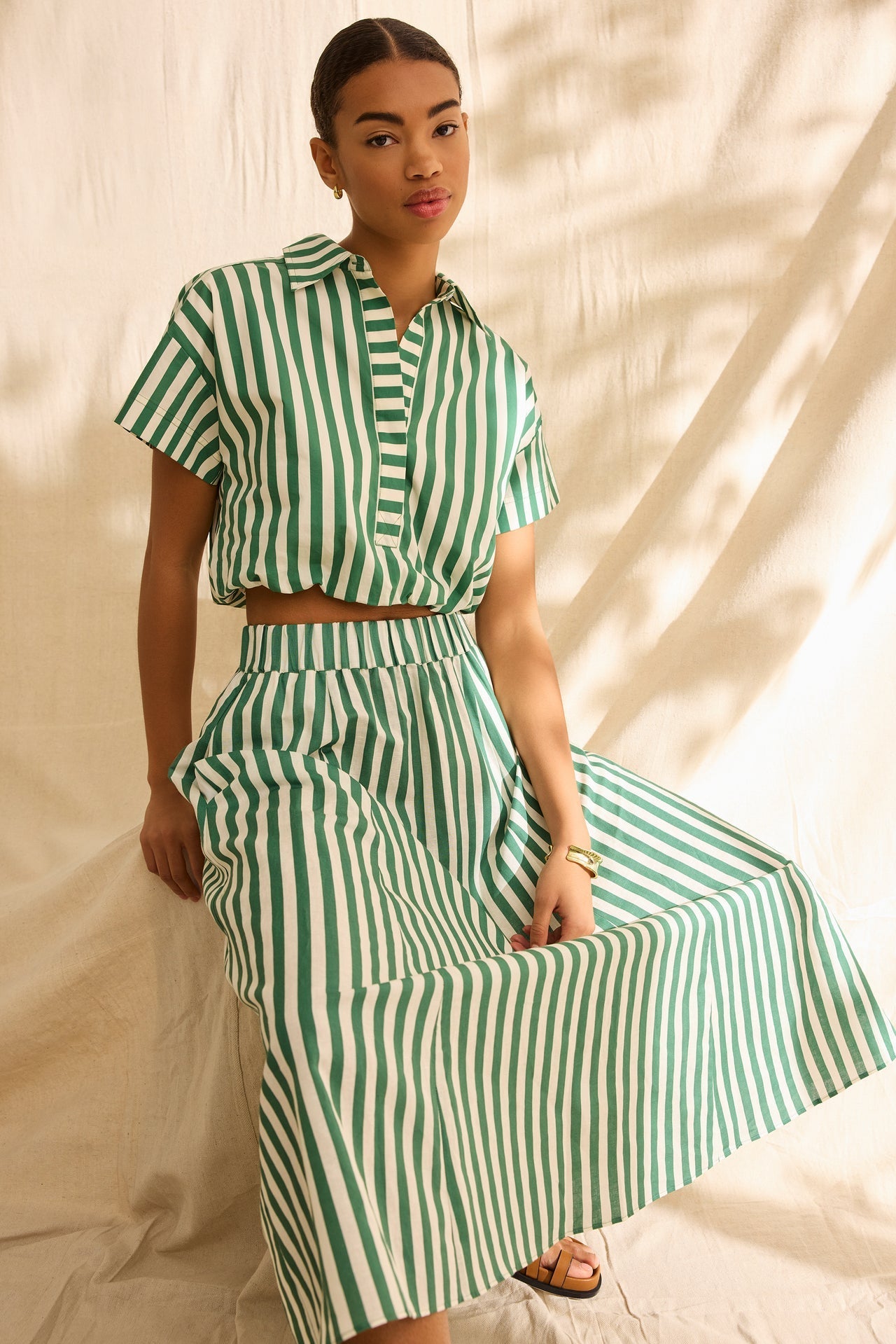 Women’s Marie Oliver SASHA SKIRT Green and White Striped Pull-On Midi Skirt