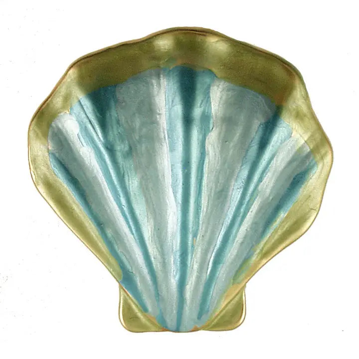 Origin Jewelry Lifelike Scallop Brooch - Aqua Blue decorative shell with gold rim and blue interior
