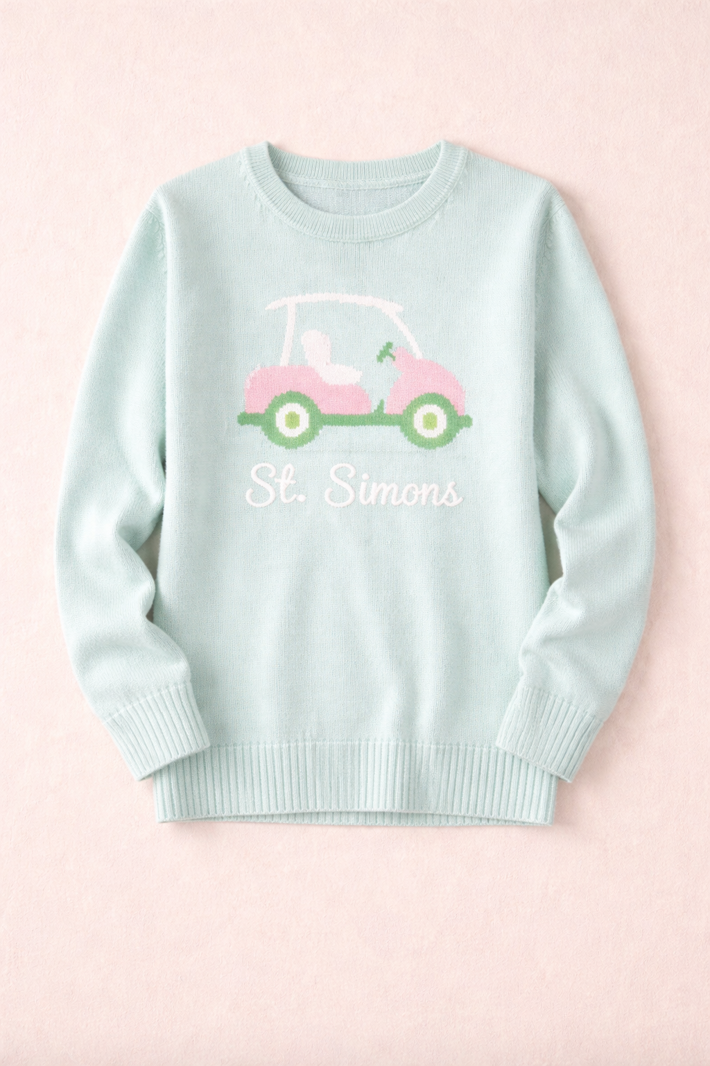 Pink Pineapple St Simons golf cart sweater in pastel colors, featuring a charming golf cart design, perfect for casual wear.