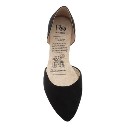 Black pointed-toe shoe with visible brand label on a white background