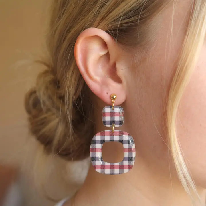 Red Black Gingham Earrings UGA Georgia a pair of square drop earrings with a red, gray, and white plaid pattern