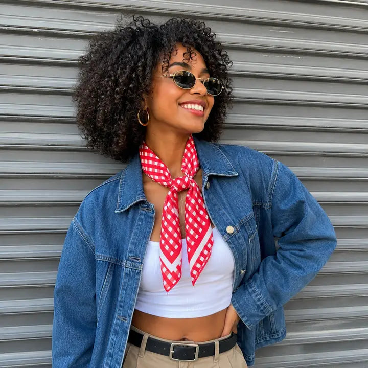  Red Gingham Satin Silk Square Scarf UGA Georgia  red checkered scarf 