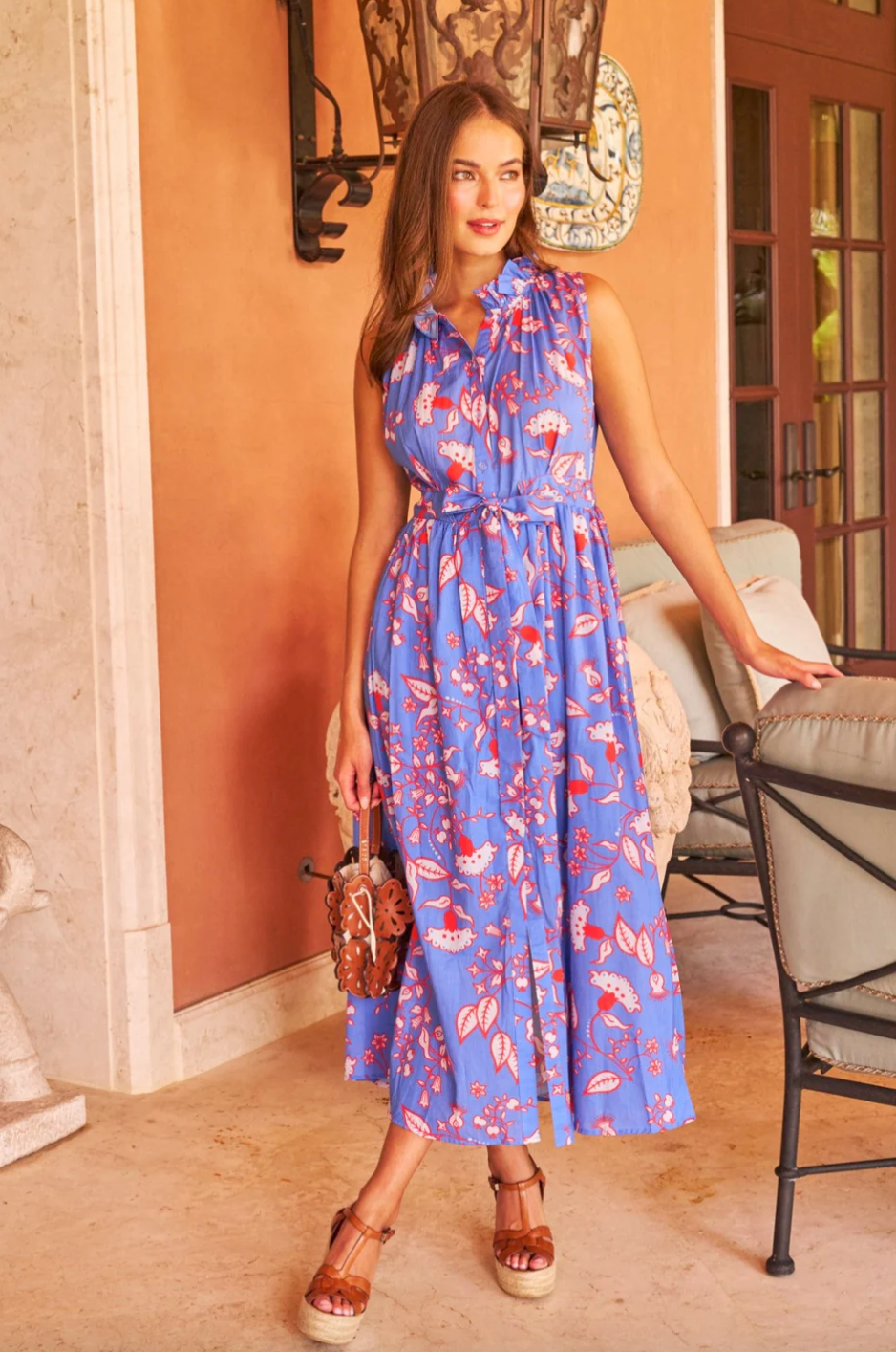 SHERIDAN FRENCH Ivy Dress displayed on a hanger with floral pattern and lightweight fabric, perfect for casual or summer wear.