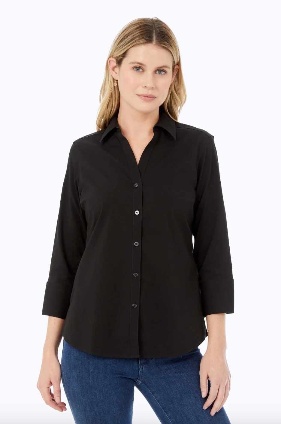Black Mary solid top by FOXCROFT, featuring a sleek design and comfortable fit, shown in a close-up image.