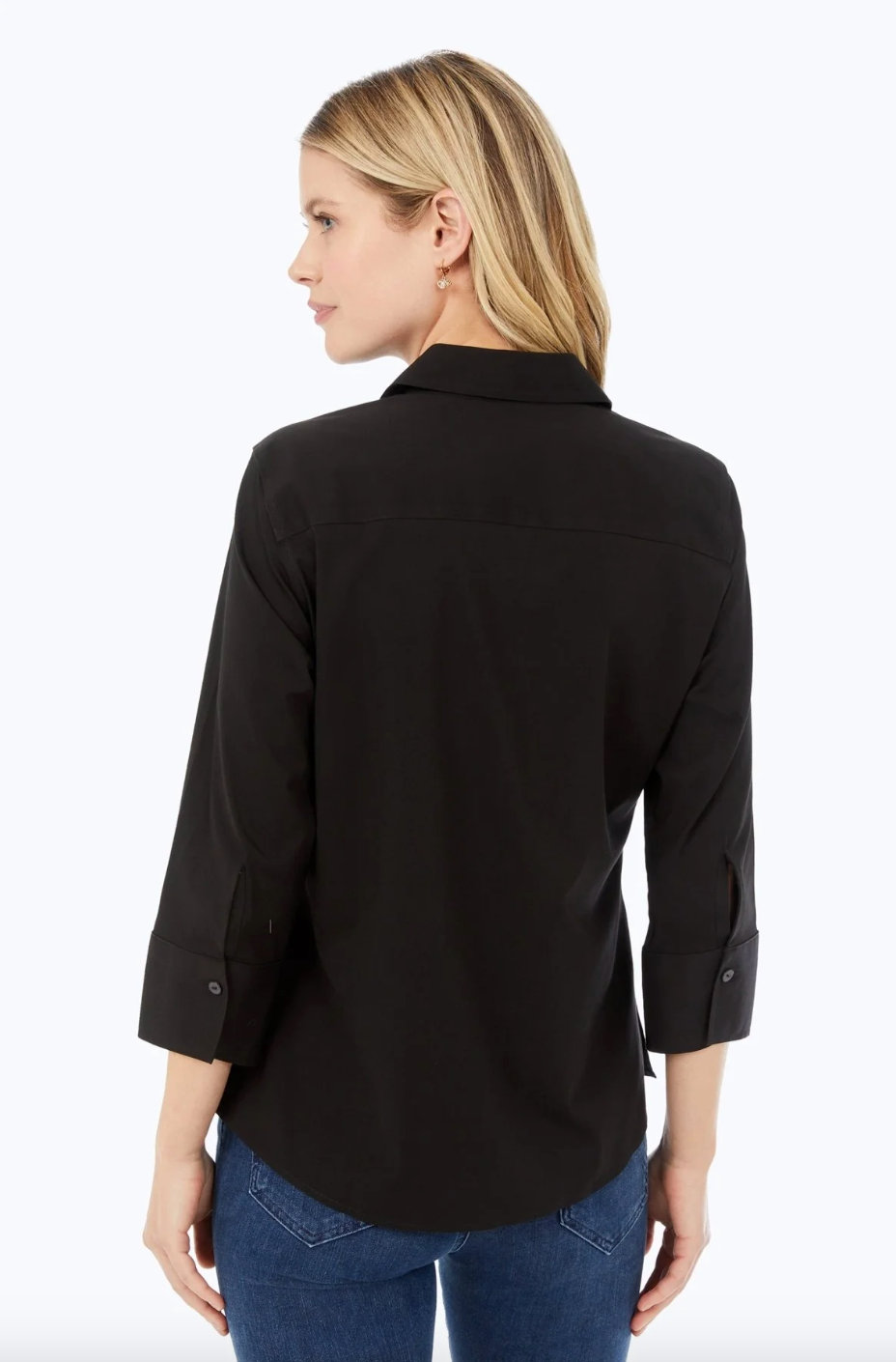 Black Mary solid top by FOXCROFT, showcasing a stylish sleeveless blouse with a round neckline and smooth fabric.