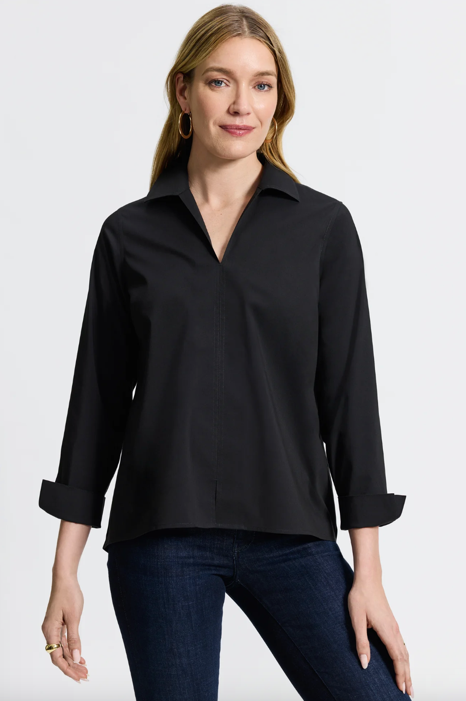 Black Agnes Sleeve Shirt by FOXCROFT, a stylish long-sleeve top with a relaxed fit, shown on a model.