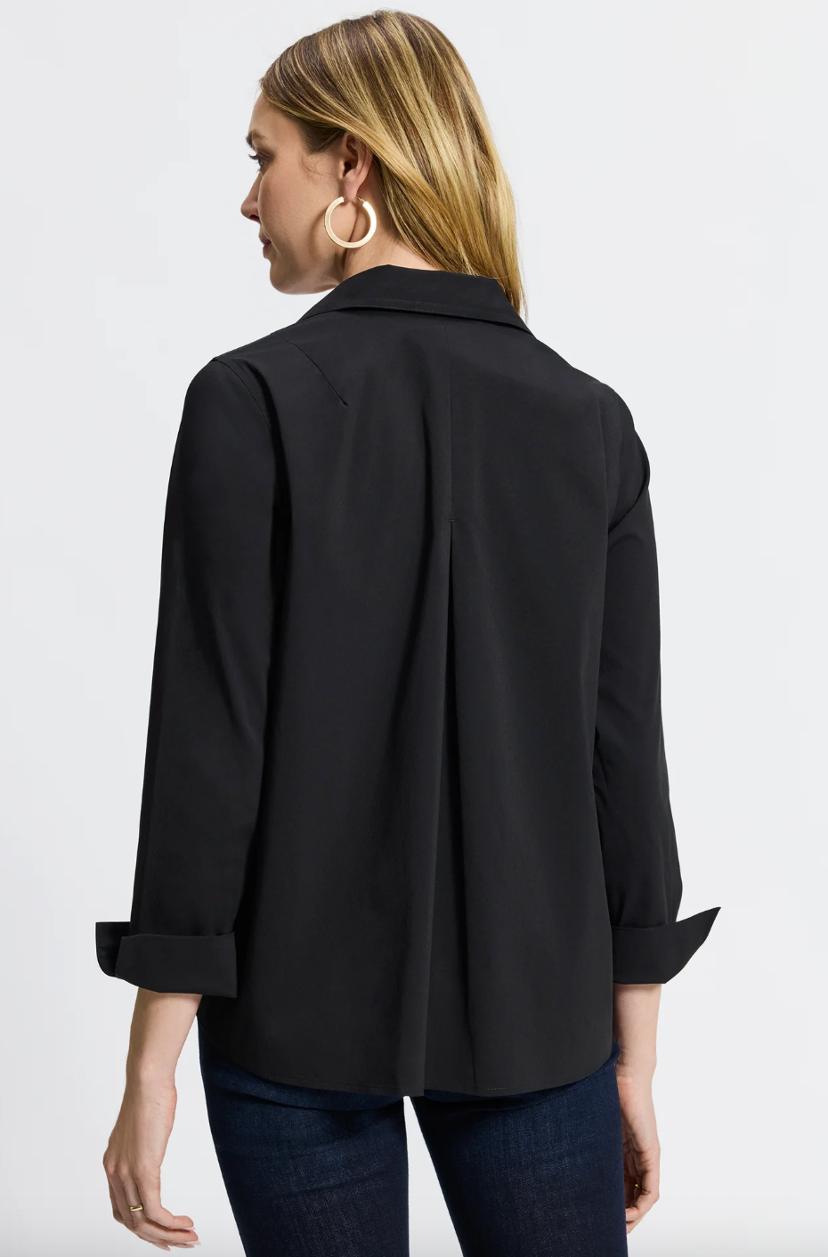 Black Agnes Sleeve Shirt by FOXCROFT, a stylish top with long sleeves and a modern design, displayed on a model.