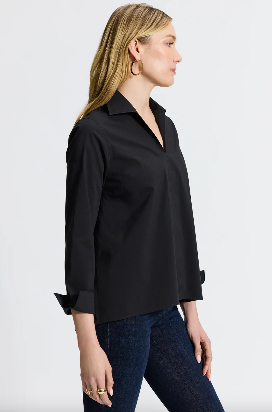 Black Agnes Sleeve Shirt by FOXCROFT, a stylish long-sleeve top with a relaxed fit, shown on a model.