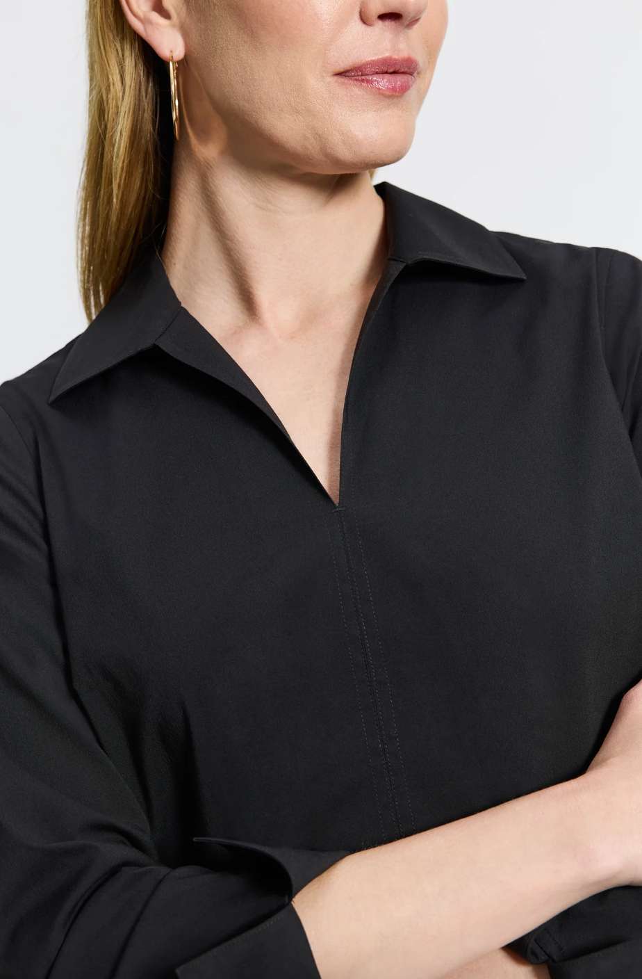 Black Agnes sleeve shirt by FOXCROFT, showing a stylish long-sleeve top with a relaxed fit and classic collar.