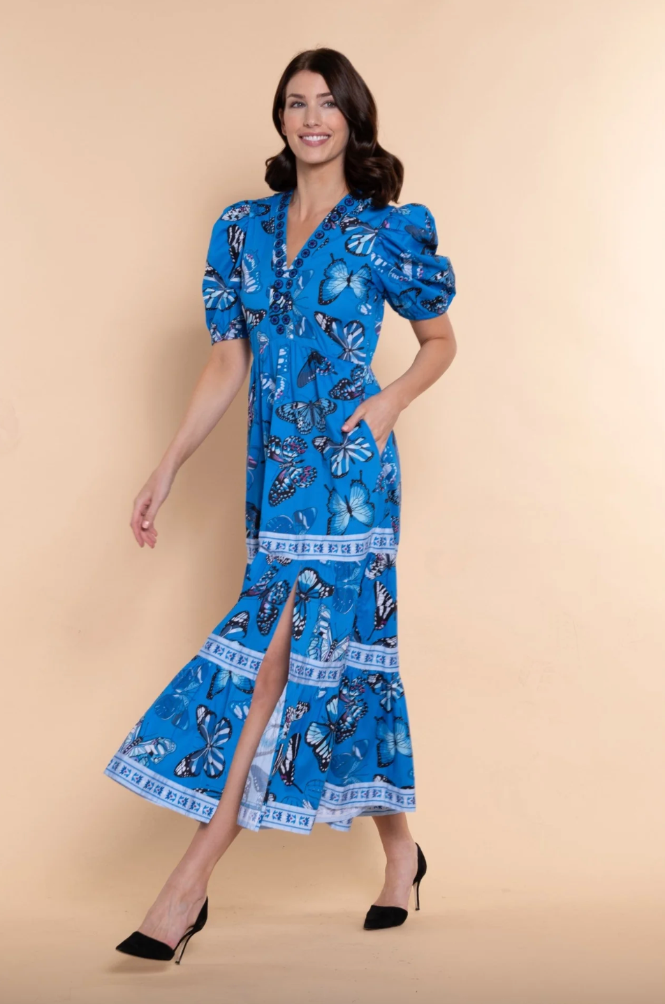 Sheridan French Margot Dress in sapphire, showcasing elegant fabric and stylish design in a full-length image.
