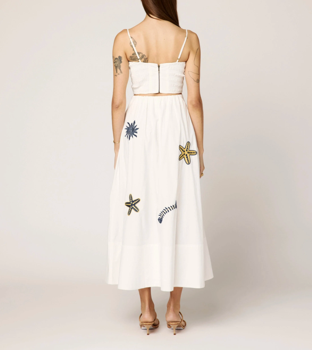 CLEOBELLA Sage skirt with high waist and flowy design, shown in a screenshot featuring the stylish, lightweight fabric.