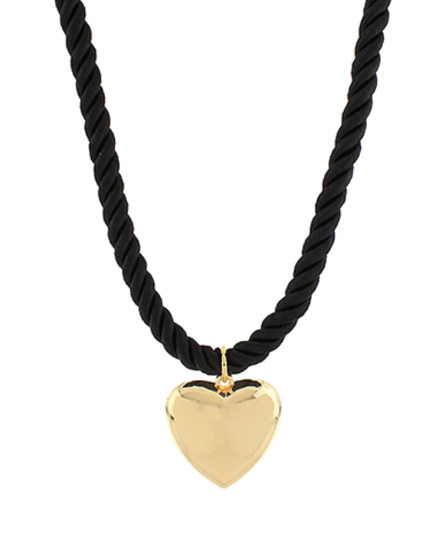 Golden Stella | Black Cord Puff Heart Necklace