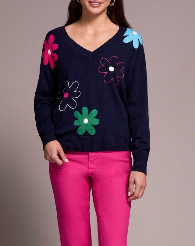 Tribal | V-neck Jacquard/emb. Swtr-nigh