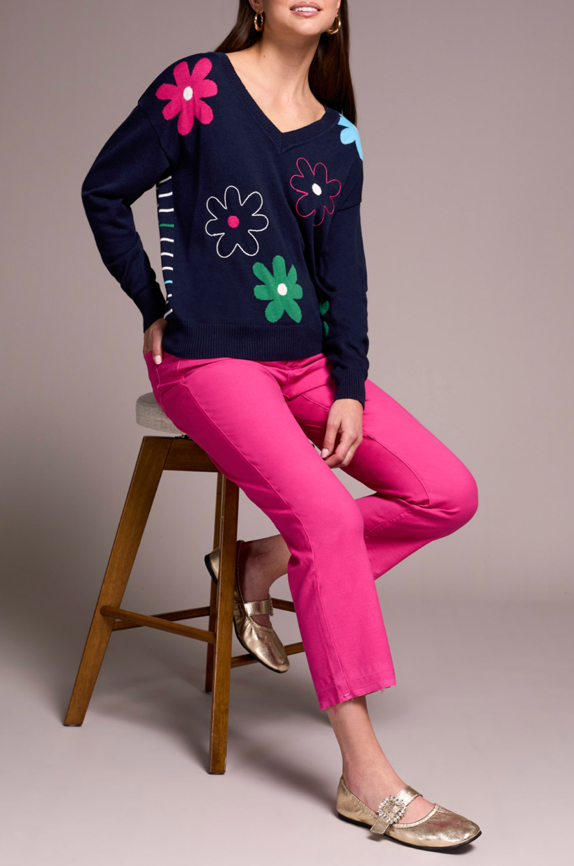 Tribal | V-neck Jacquard/emb. Swtr-nigh