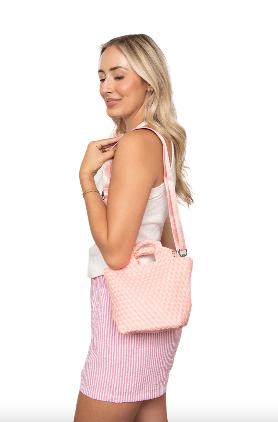 KATYDID neoprene braided clutch handbag with zipper closure, stylish and compact for everyday or evening use.