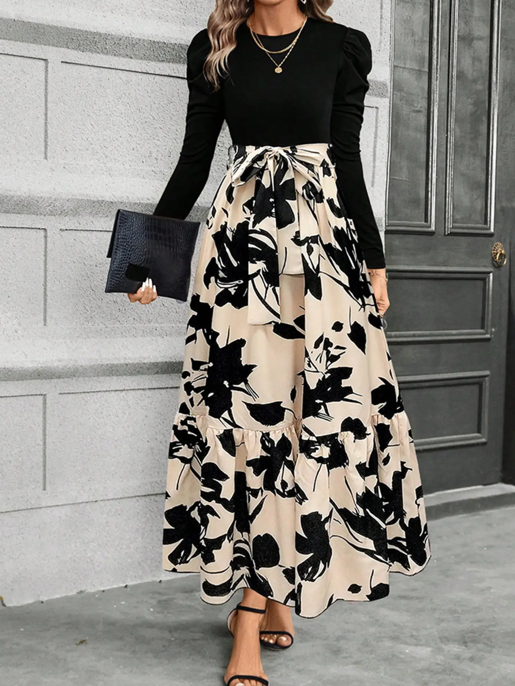 Cloister Collec | Printed Round Neck Ls Dress