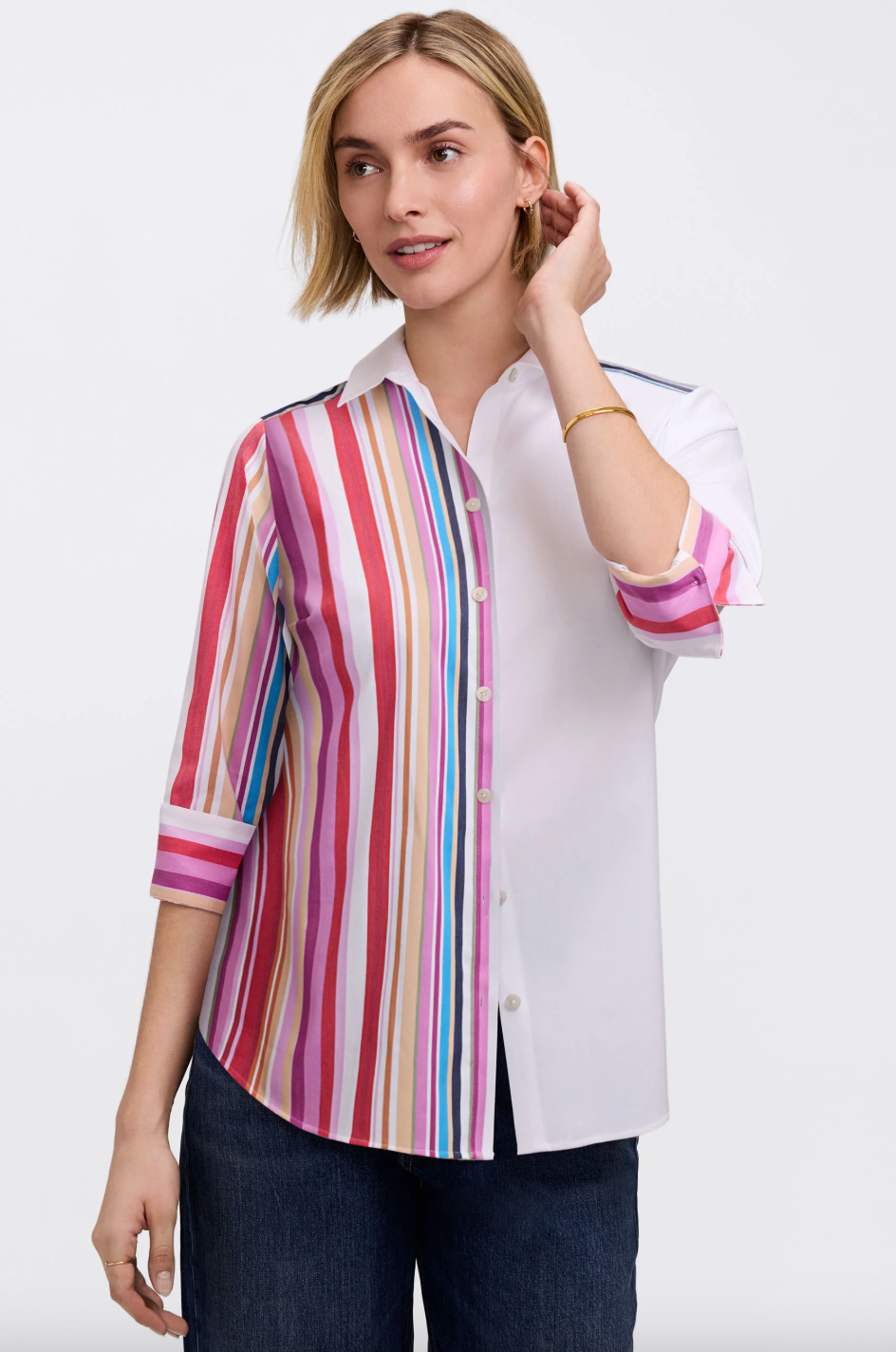 FOXCROFT Charlie Stripe Blouse, a stylish tops with bold stripe pattern, shown hanging on a hanger.