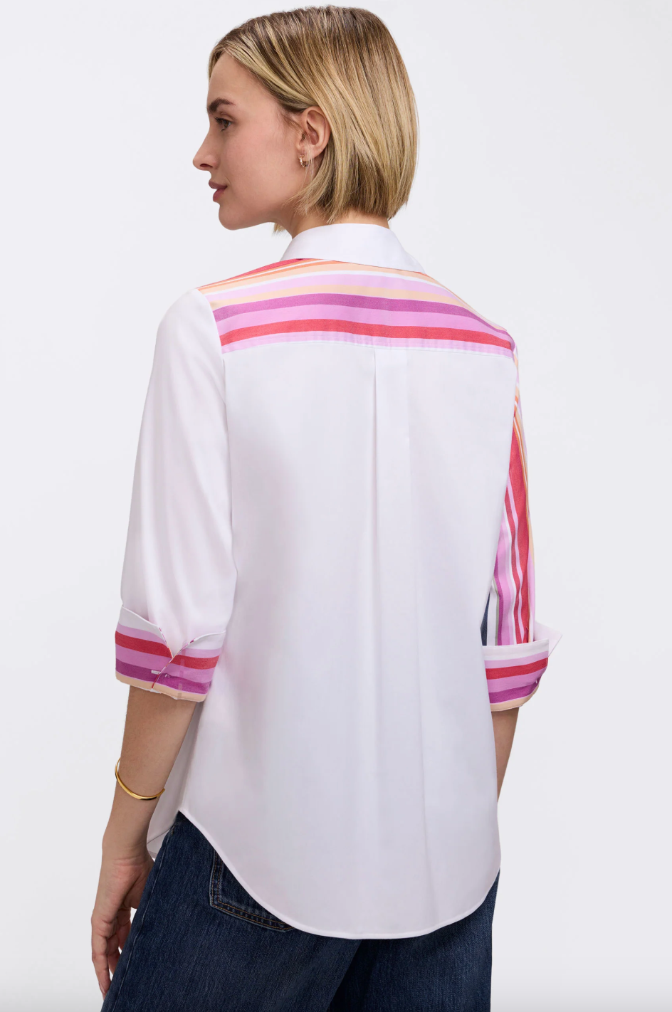 FoXCROFT Charlie Stripe Blouse, stylish tops with a classic striped pattern, displayed on a hanger against a neutral background.