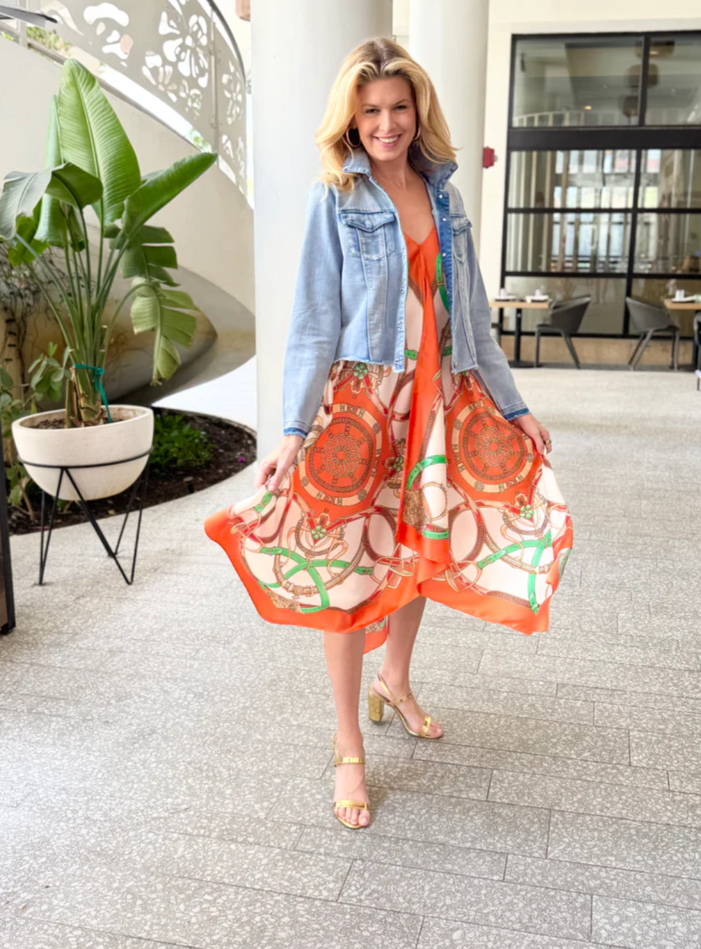 Orange Stirrup Print Denim Jacket